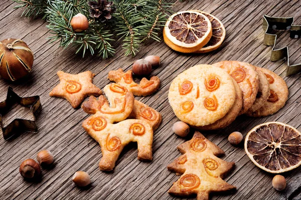 Vánoční Cookie Dřevěném Pozadí Vánoční Dekorace — Stock fotografie