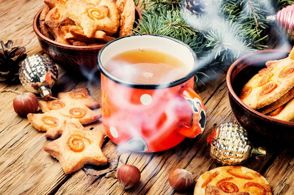 Christmas Cookies Decorated Candied Orange Tea Christmas Drink Winter New — Stock Photo, Image