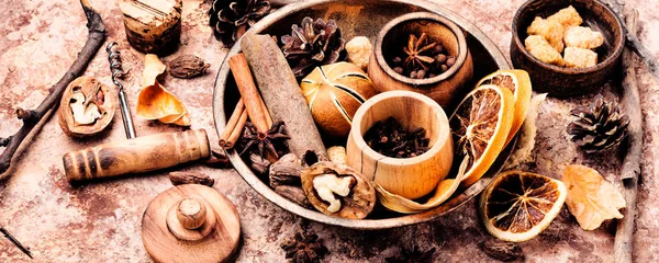 Ingredients Mulled Wine Rustic Background Winter Drink Mulled Wine — Stock Photo, Image