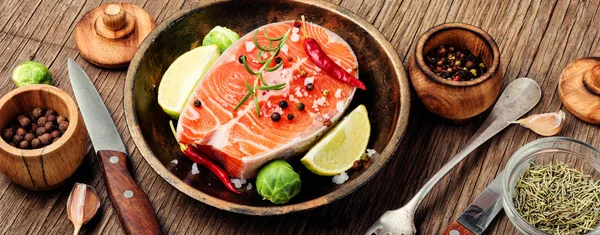 Fresh Raw Salmon Steaks Rustic Table Atlantic Fish Long Banner — Stock Photo, Image