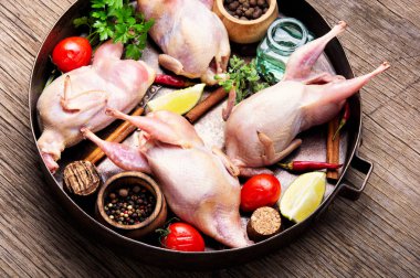 Taze çiğ bıldırcın ve mutfak masasının üzerinde bir tepsi maddeler