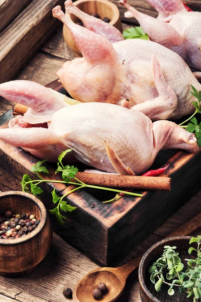 Bir mutfak kurulu ve malzemeler taze çiğ bıldırcın. Bıldırcın eti