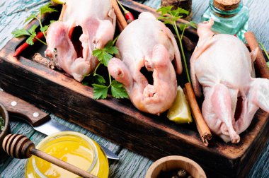 Bir mutfak kurulu ve malzemeler taze çiğ bıldırcın