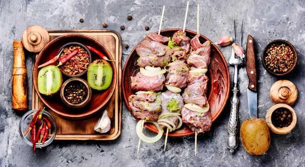 新鮮な生の牛肉肉フィレ シシカバブ串焼き キウイは 肉を浸した 長いバナー — ストック写真