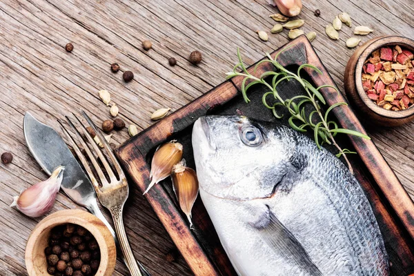 Fresh Uncooked Dorado Fish Herbs Spices Rustic Wooden Board Cooking — Stock Photo, Image