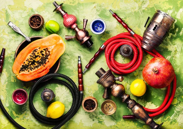 Hookah Exótico Oriental Com Sabor Frutas Mamão Fumar Shisha Turco — Fotografia de Stock