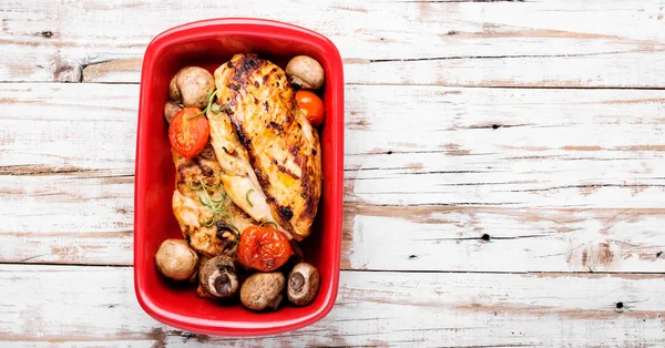 Baked Chicken Mushrooms Baking Dish Roast Chicken — Stock Photo, Image