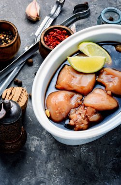 Çiğ tavuk eti şiş şiş üzerinde için. Turşu çiğ et