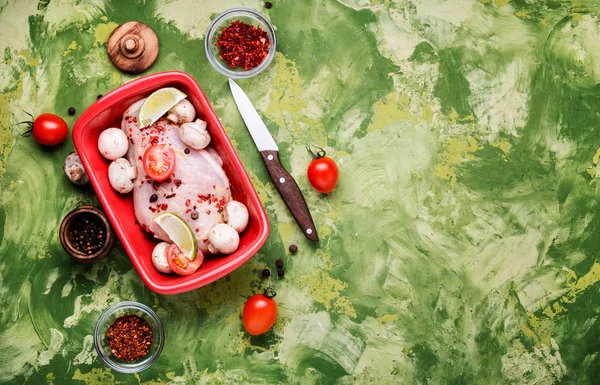 Raw Chicken Meat Mushrooms Baking Dish — Stock Photo, Image