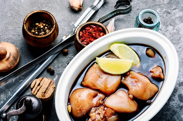 Rohe Fleischwürfel Einer Schüssel Mit Sauce — Stockfoto