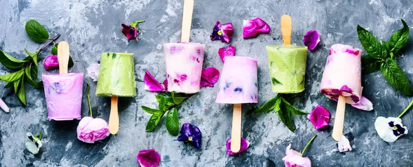 Gelato Alla Vaniglia Con Fiori Freschi Menta Set Gelati — Foto Stock