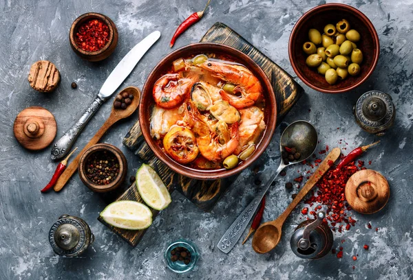 Seafood soup with prawns, mussels and fish.Spicy Seafood Soup