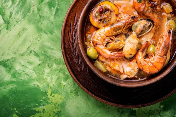 Sopa Frutos Mar Com Camarões Mexilhões Peixes Sopa Frutos Mar — Fotografia de Stock