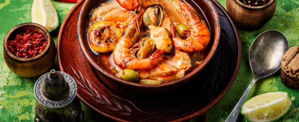 Sopa Mariscos Con Gambas Mejillones Pescados Delicatessen Alimentos — Foto de Stock