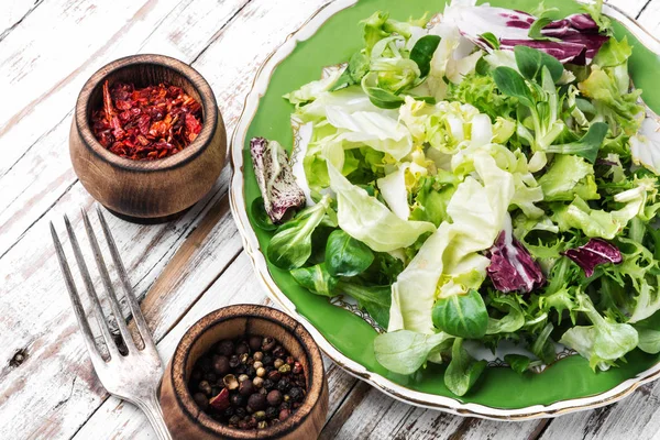 Frisse Salade Plate Met Gemengde Greens Groene Maaltijd Vegetarische Lente — Stockfoto