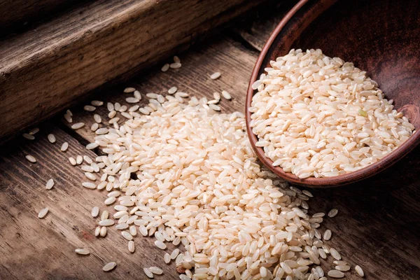 Rauwe Witte Rondkorrelige Rijst Een Keramische Kom Gezonde Voeding — Stockfoto