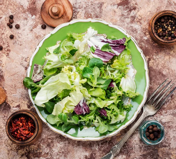 Verse Saladeplaat Met Gemengde Groen Groene Maaltijd — Stockfoto