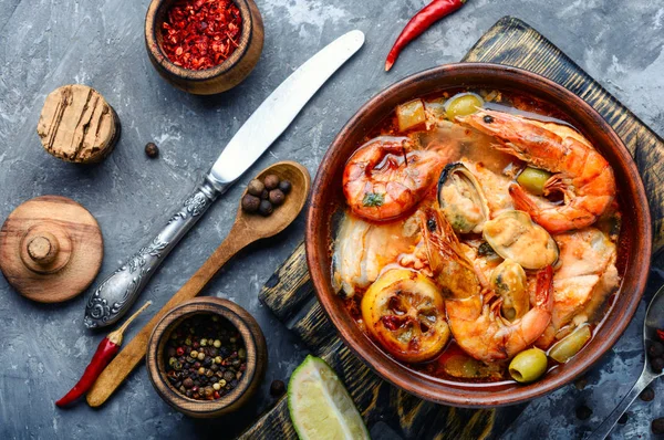 Spicy soup with seafood — Stock Photo, Image