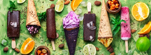 Chocolate and fruit ice cream — Stock Photo, Image
