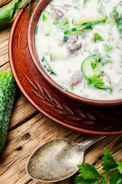 Okroshka, kalte Sommersuppe — Stockfoto