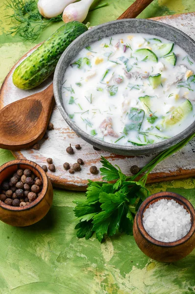 Okroshka,cold summer soup — Stock Photo, Image