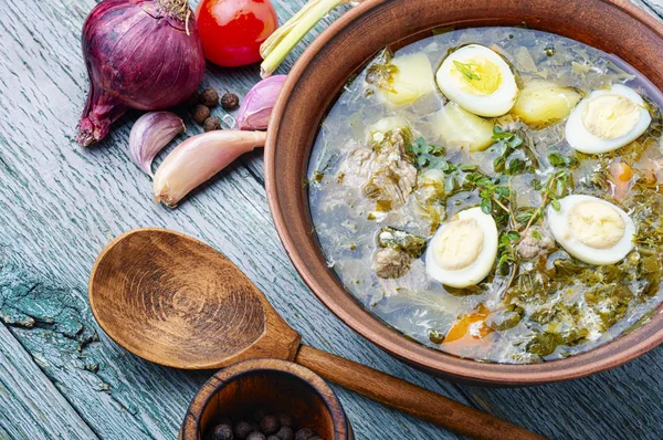 Soup of sorrel and nettles — Stock Photo, Image