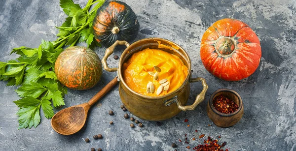 Soupe de citrouille dans un pot en métal — Photo