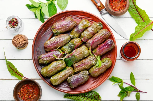 Dolma Tolma Sarma Plněné Šťavelové Listy Rýží Masem Arabská Kuchyně — Stock fotografie