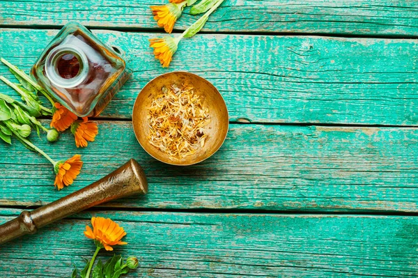 Tintura Medicinal Flores Caléndula Hierbas Medicinales Silvestres Frasco Tintura Hierbas — Foto de Stock