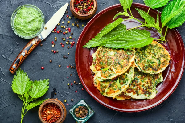 Healthy Nutrition Diet Fritters Nettles Plate — Stock Photo, Image