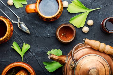 Bitki çayını ginkgo biloba yaprakları ve tohumlarından iyileştiriyorum. Tıbbi bitkiler. Bitki ilaçları.