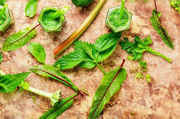 Appetitlich Gesunder Sommergrüner Smoothie Aus Rhabarberstielen Und Kräutern — Stockfoto