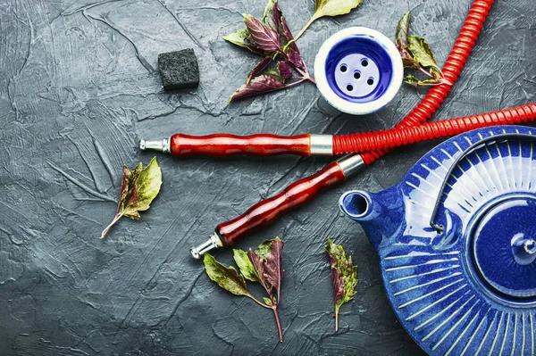 Cachorro Fumante Oriental Com Tabaco Ervas Shisha Com Aroma Manjericão — Fotografia de Stock