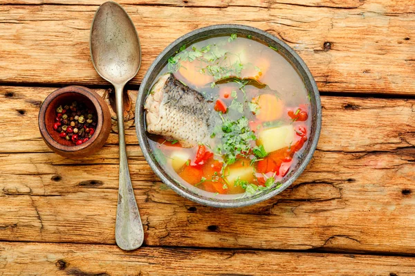 Assiette Avec Soupe Poisson Sur Une Table Rustique Bois Soupe — Photo