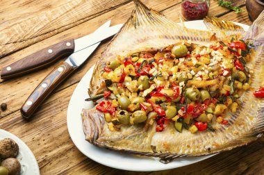 İştah açıcı dil balığı ya da sebzelerle pişirilmiş balık. Sebze dolu kızarmış balık.