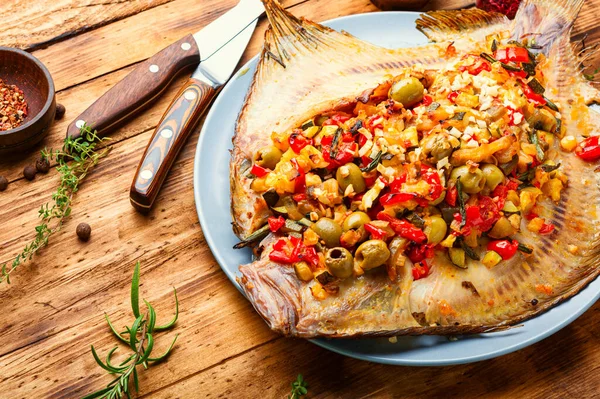 Flounder or flat-fish baked with vegetables.Fried fish on wooden table.Tasty baked whole fish
