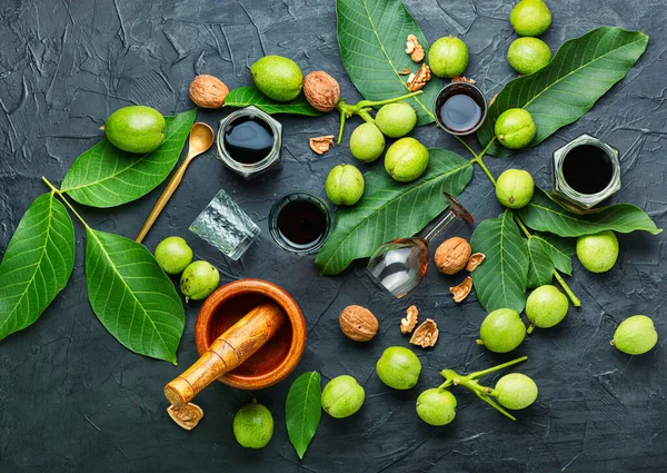 Tintura Curativa Nuez Inmadura Nuez Verde Medicina Herbal — Foto de Stock