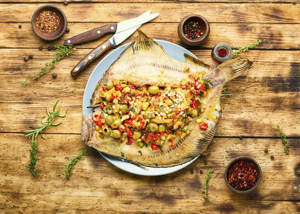 Flunder Oder Flat Fish Gebacken Mit Gemüse Gebratener Fisch Auf — Stockfoto