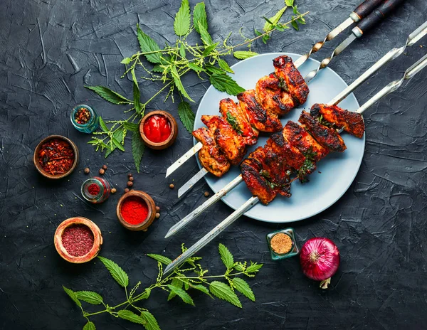 Kebab Espetos Com Marinada Urtiga Carne Espetos Churrasco — Fotografia de Stock