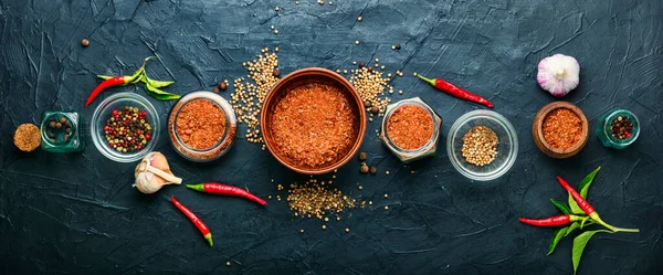 Homemade hot seasoning spice,dry adjika and ingredients