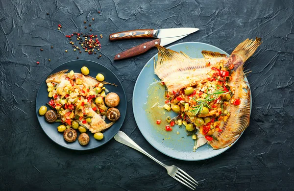 Rödspätta Eller Plattfisk Bakad Med Grönsaker Stekt Fisk Med Grönsaksfyllning — Stockfoto