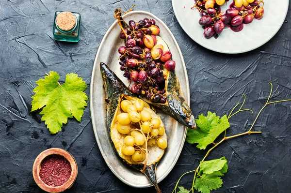 Baked Mackerel Scomber Grape Berry Sauce Fish Food — Stock Photo, Image