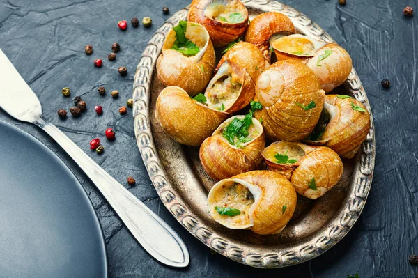 Pişmiş salyangozlar, eski tepside çiviler. Doldurulmuş salyangozlar. Fransa yemeği.