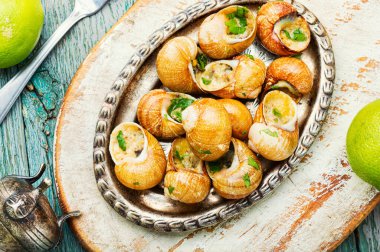 Şarap tepsisindeki lezzetli salyangozlar. Doldurulmuş salyangozlar. Fransa yemeği.