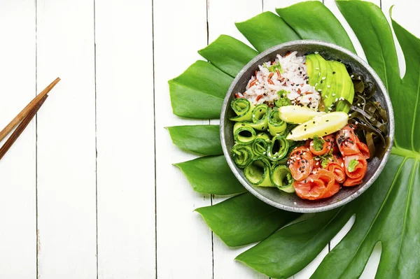 Hawaiian Salmon Poke Bowl Rice Seaweed Avocado — Stock Photo, Image