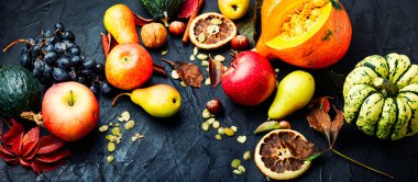 Sonbahar arkaplanı mevsimlik sonbahar meyveleri, kabaklar ve fındıklar. Sonbahar doğa kavramı.