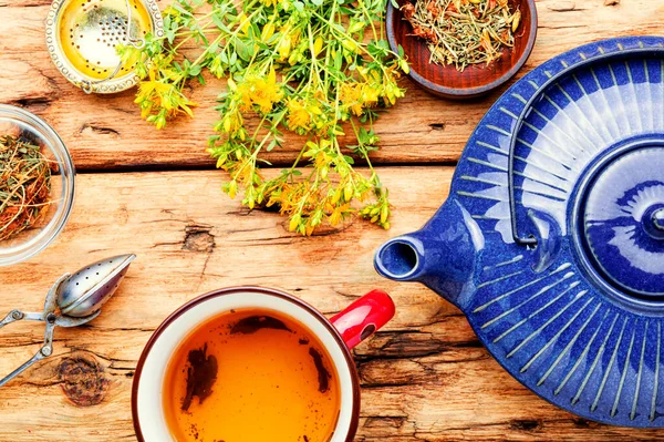 Chá Ervas Com Hipericum Herbal Medicine Tea Com Ervas Fundo — Fotografia de Stock