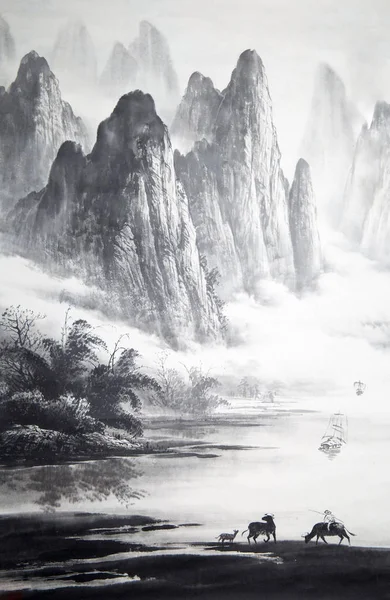 Peinture Traditionnelle Chinoise Paysage — Photo