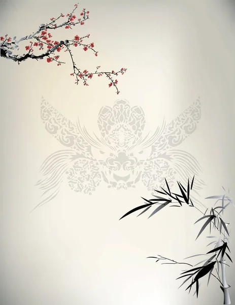 Peinture Chinoise Fleurs Cerisier Bambou — Image vectorielle