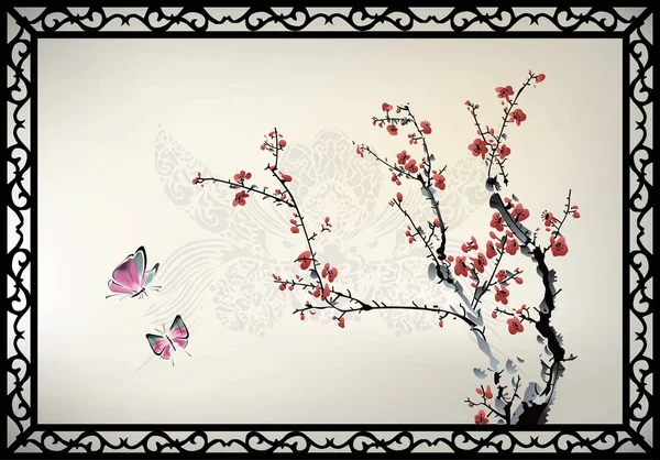 Kinesisk Målning Körsbärsblomma — Stock vektor